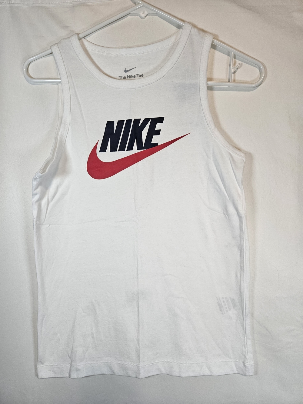 Nike White Tank Top with Red Swoosh and Black Logo